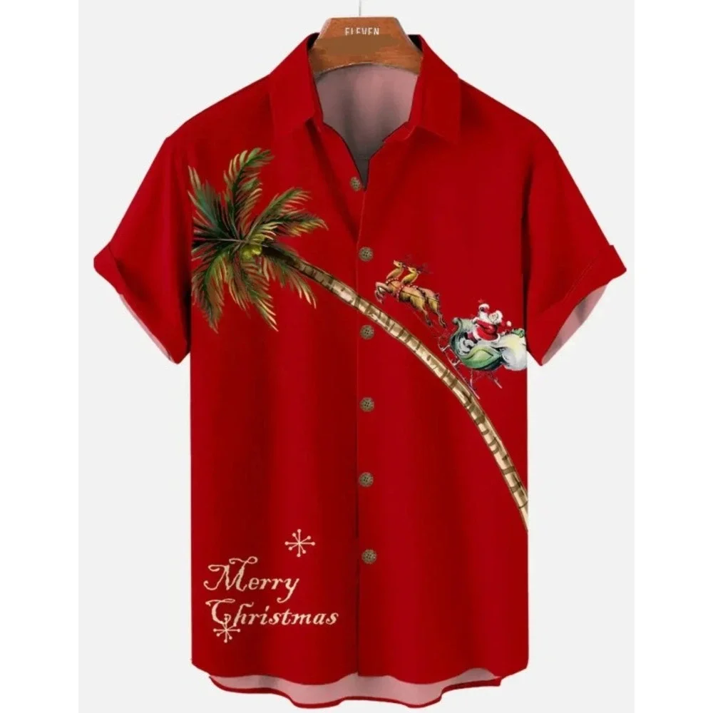 Eleven Oasis Men's Red Merry Christmas Santa Palm Tree Button Up Cotton Shirt XL